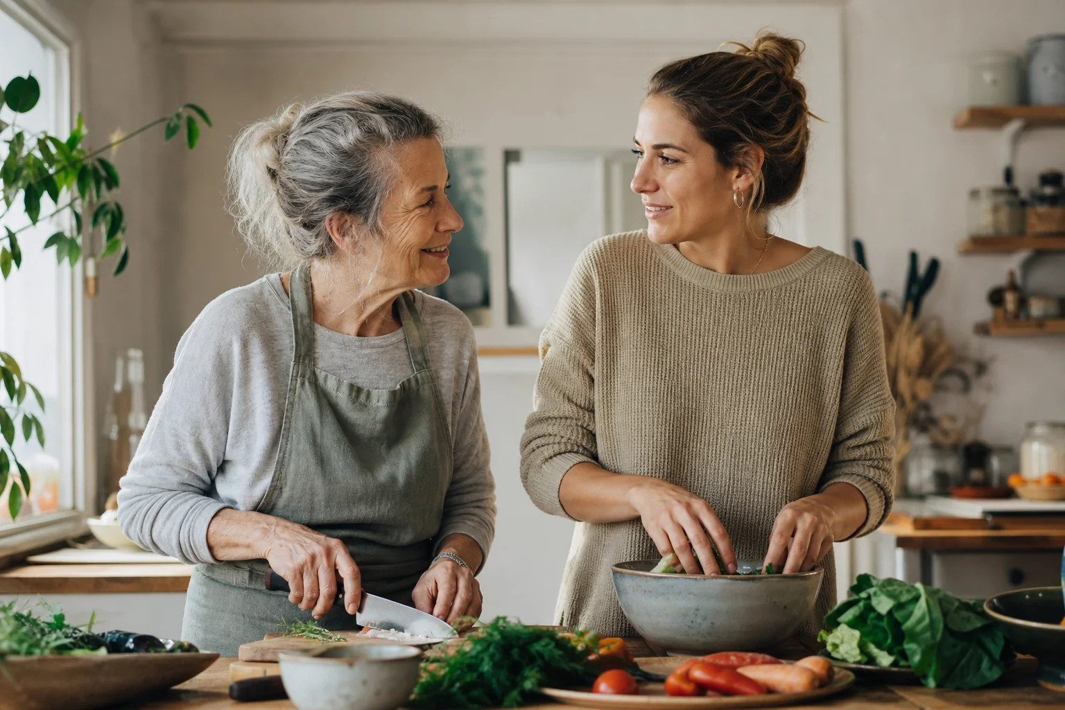 Zwei Generationen kochen und unterhalten sich gemeinsam in einer sonnigen Wohnküche