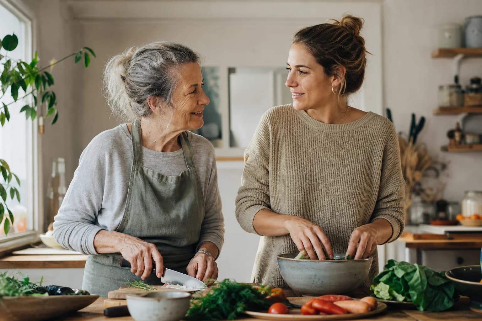 Two generations cooking and talking together in a sunlit home kitchen